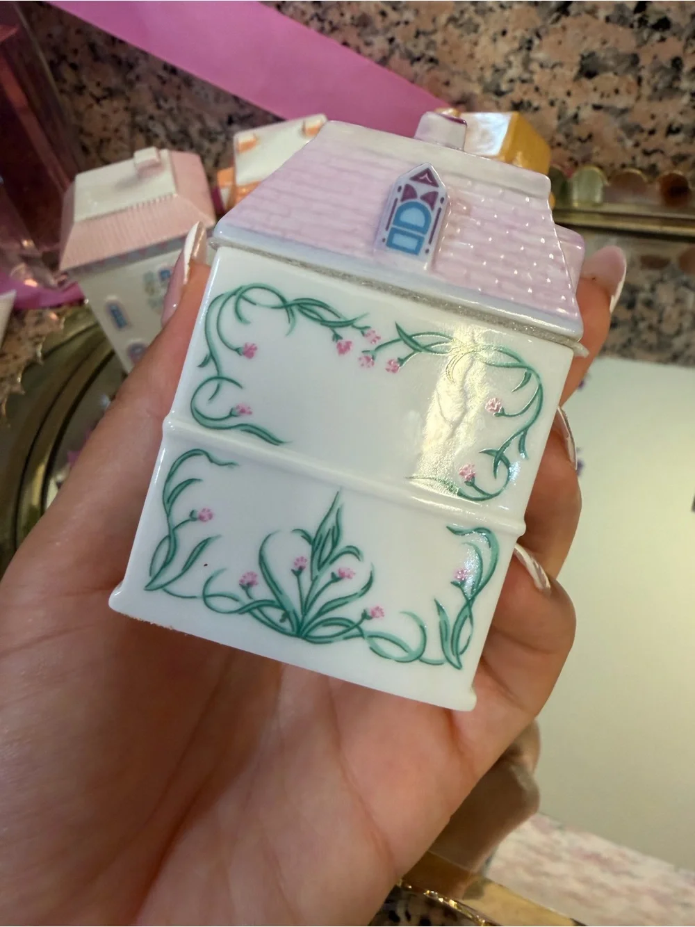 Set of 7 Decorative Ceramic Herb Canisters - Pastel Village Style